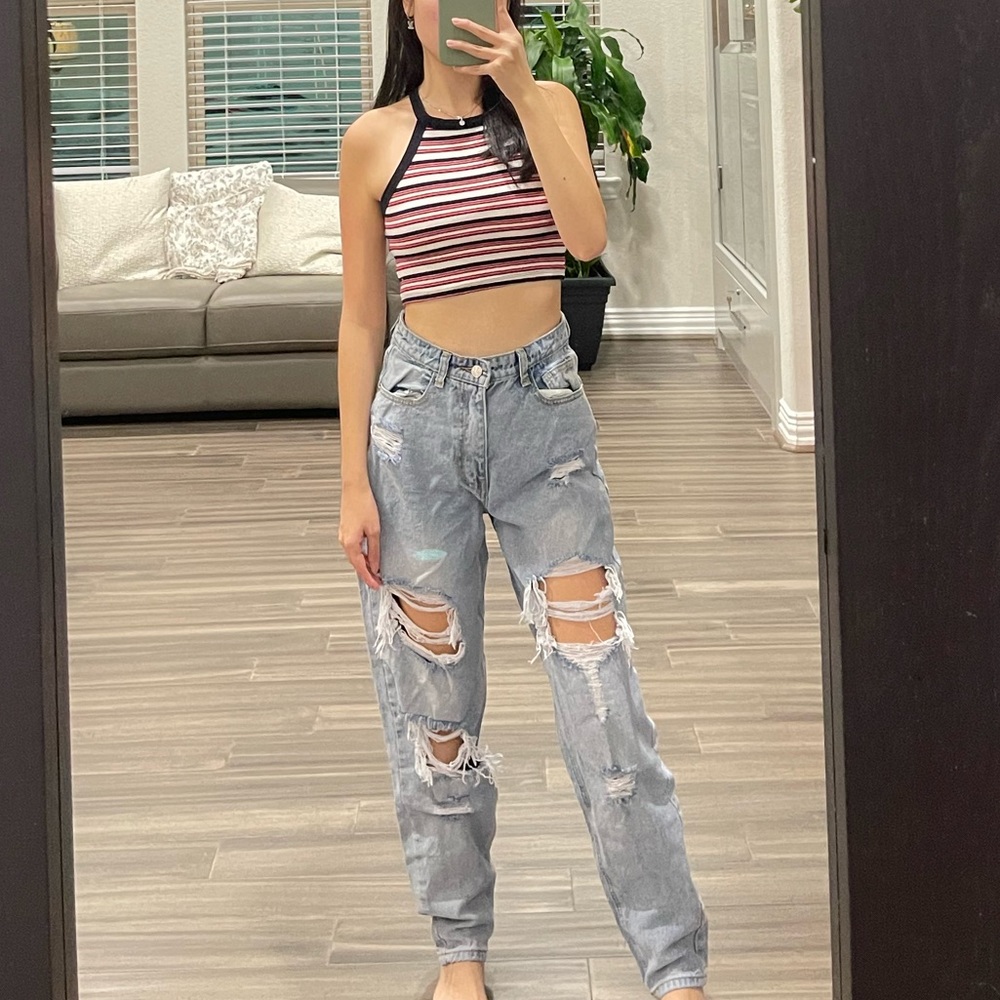 pretty little thing distressed mom jeans